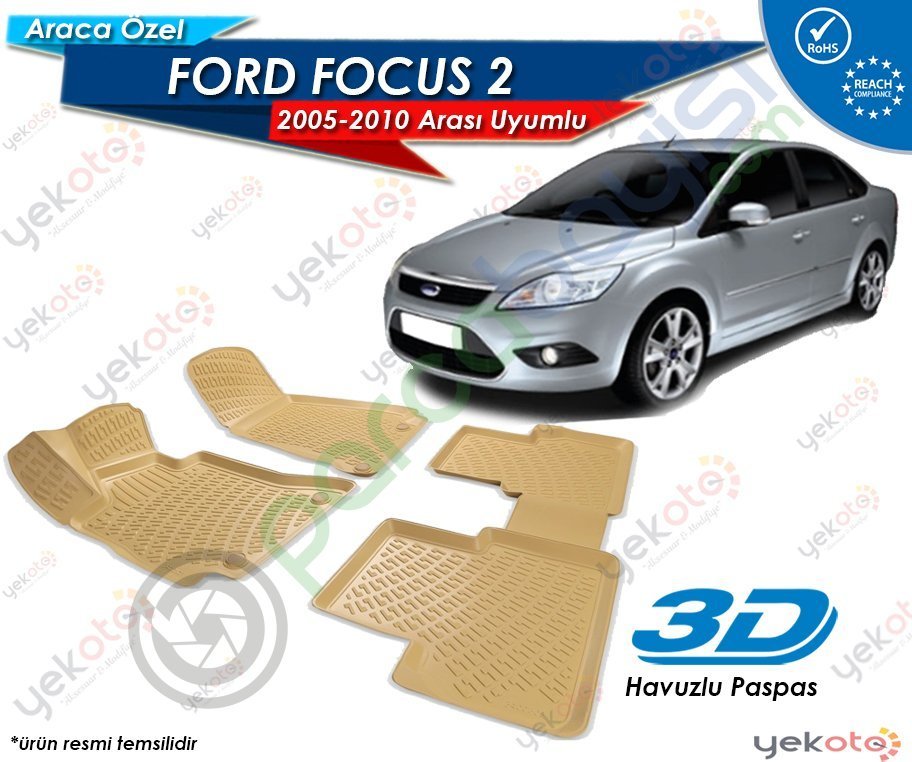 Ford Focus 2 2005-2010 Arası Uyumlu Bej Araca Özel 3D Havuzlu Paspas