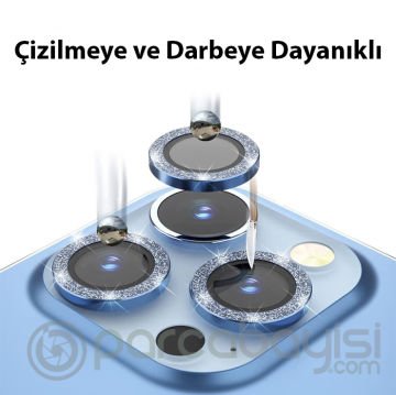 ALLY iPhone 14 Pro-14 Pro Max Diamond Taş İşlemeli Alüminyum Alaşımlı Kamera Lens Koruyucu