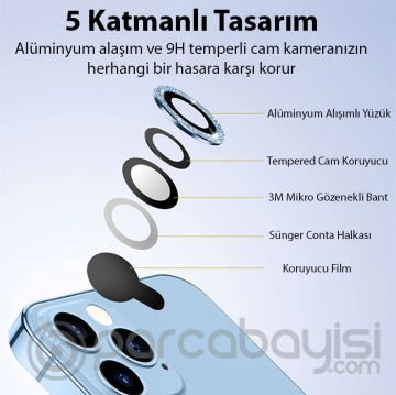 ALLY iPhone 14 Pro-14 Pro Max Diamond Taş İşlemeli Alüminyum Alaşımlı Kamera Lens Koruyucu