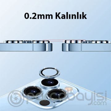 ALLY iPhone 14 Pro-14 Pro Max Diamond Taş İşlemeli Alüminyum Alaşımlı Kamera Lens Koruyucu