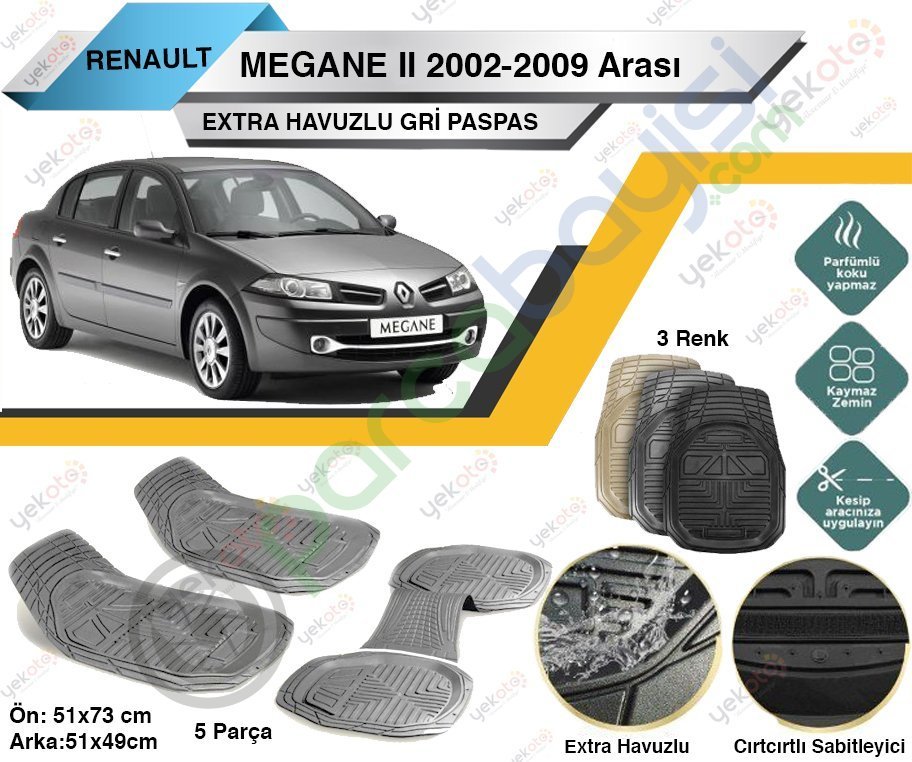 Renault Megane Iı 2002-2009 Arası Uyumlu Extra Havuzlu Kesilebilir Gri Paspas