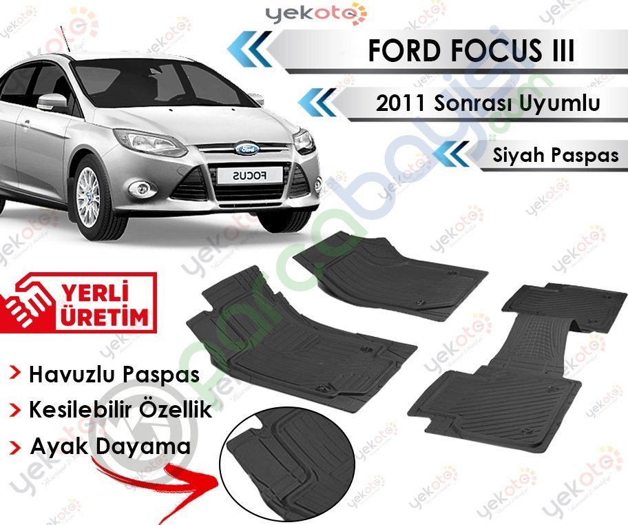 Ford Focus 3 2011 Sonrası Uyumlu Havuzlu Kesilebilir Siyah Paspas