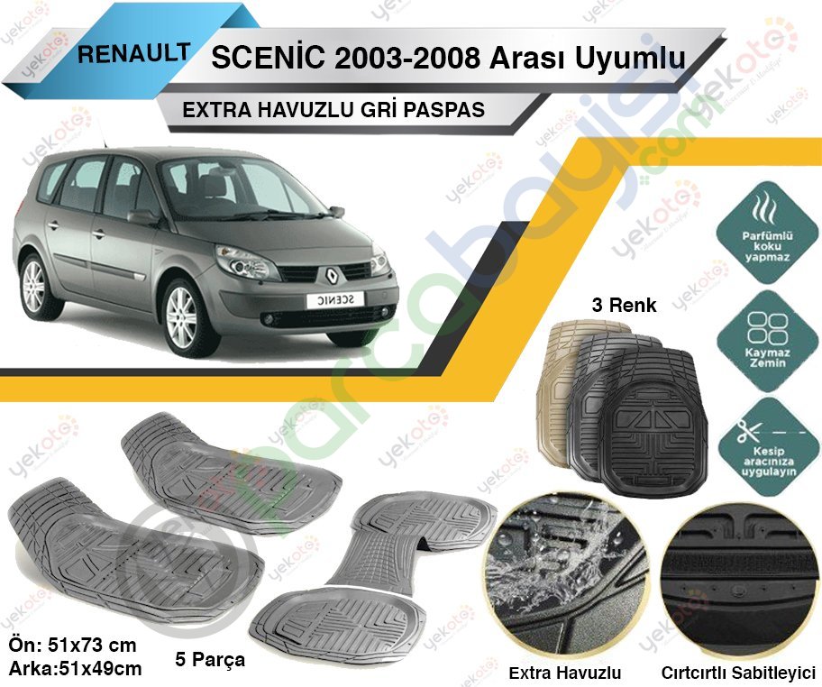 Renault Scenic 2003-2008 Arası Uyumlu Extra Havuzlu Kesilebilir Gri Paspas