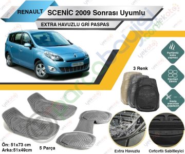 Renault Scenic 2009 Sonrası Uyumlu Extra Havuzlu Kesilebilir Gri Paspas