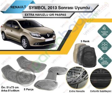 Renault Symbol 2013 Sonrası Uyumlu Extra Havuzlu Kesilebilir Gri Paspas