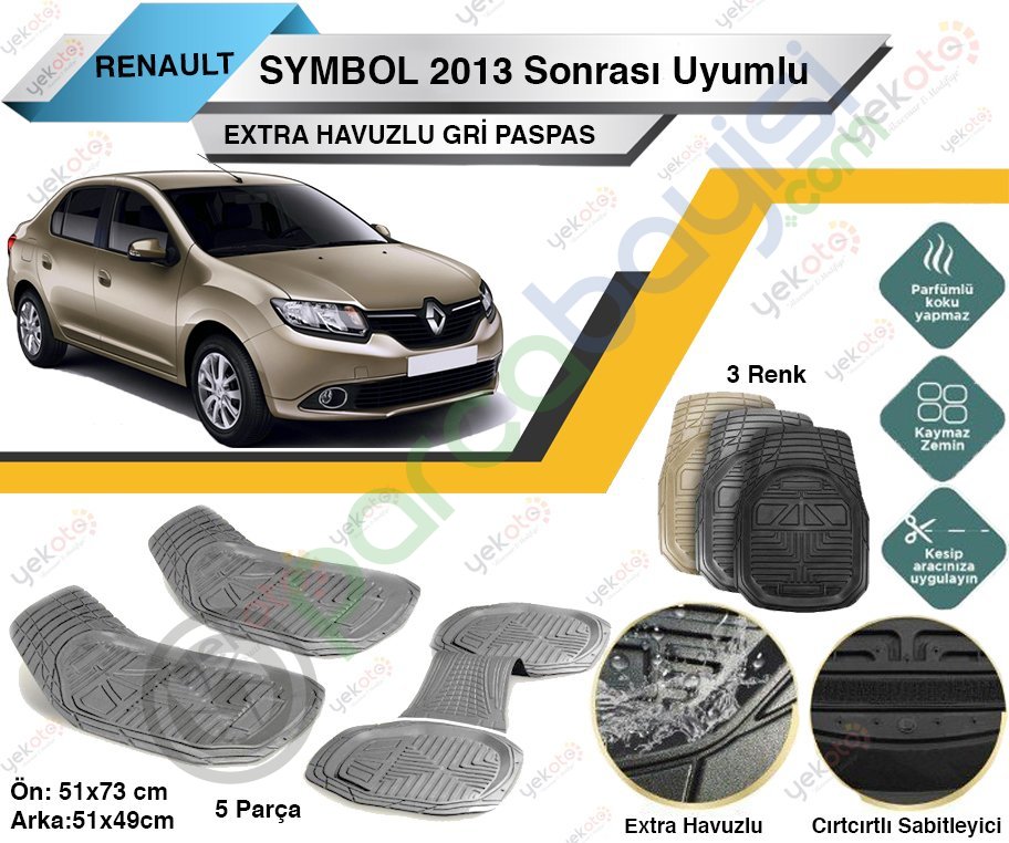 Renault Symbol 2013 Sonrası Uyumlu Extra Havuzlu Kesilebilir Gri Paspas