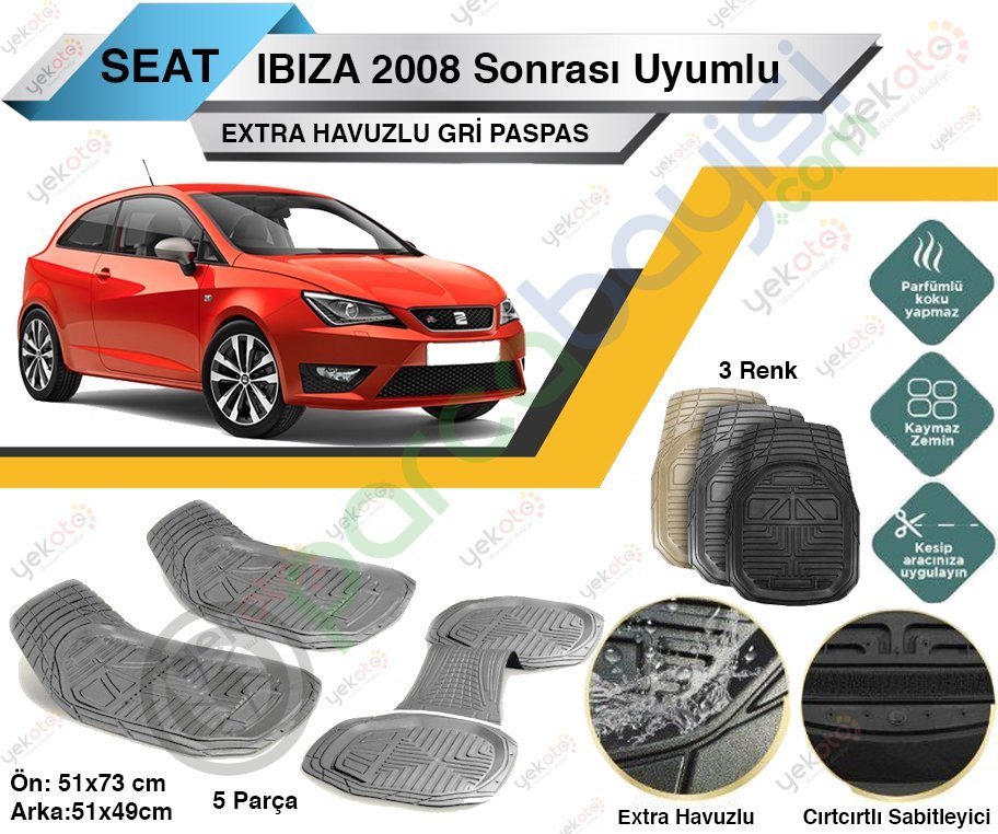 Seat İbiza 2008 Sonrası Uyumlu Extra Havuzlu Kesilebilir Gri Paspas