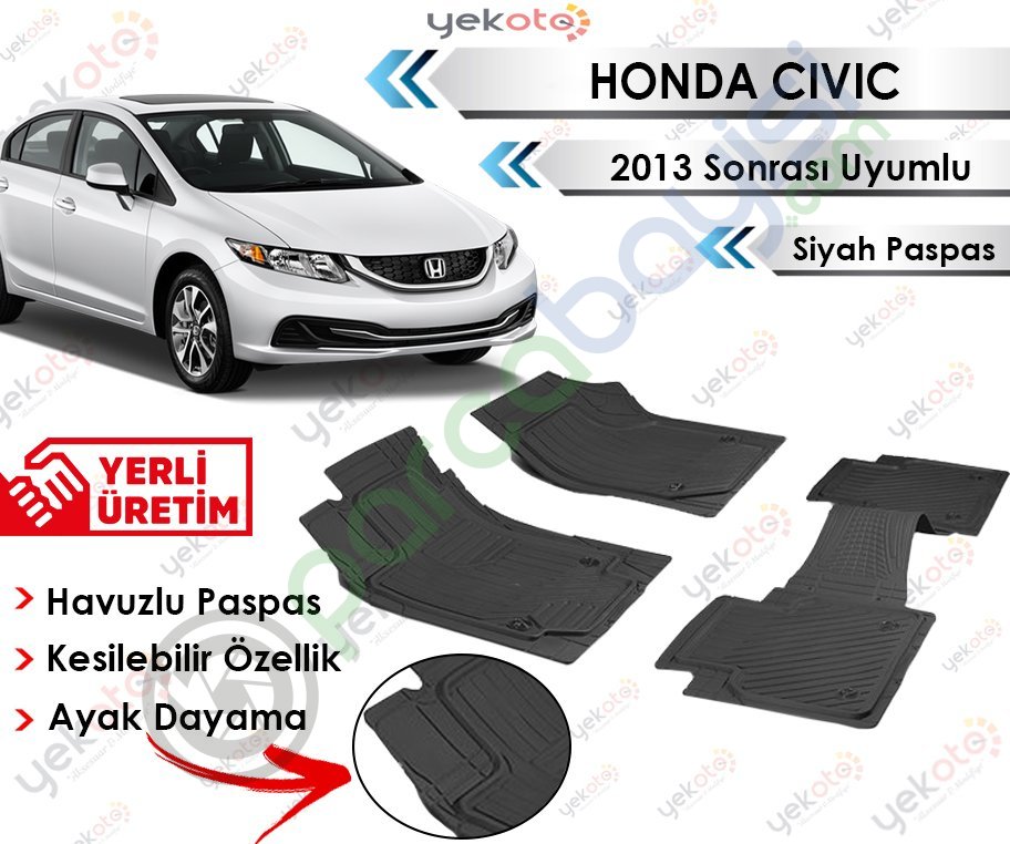 Honda Civic 2013 Sonrası Uyumlu Havuzlu Kesilebilir Siyah Paspas