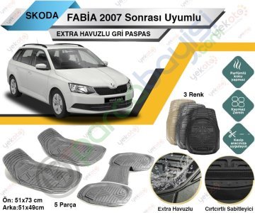 Skoda Fabia 2007 Sonrası Uyumlu Extra Havuzlu Kesilebilir Gri Paspas