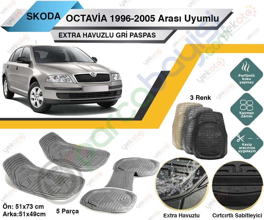 Skoda Octavia 1996-2005 Arası Uyumlu Extra Havuzlu Kesilebilir Gri Paspas