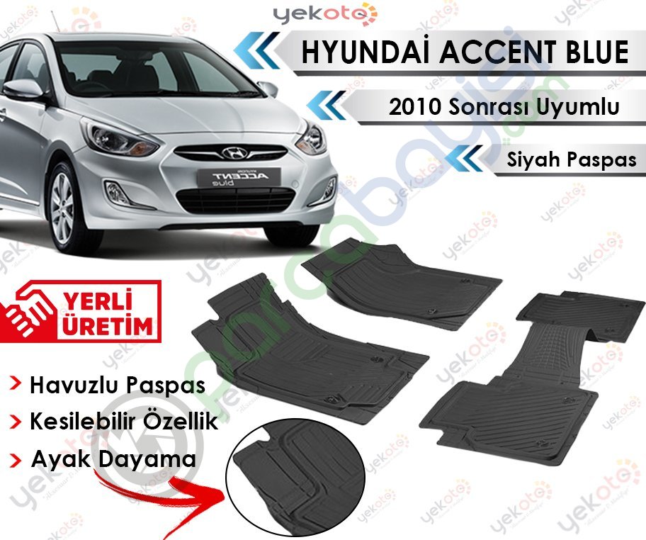 Hyundai Accent Blue 2010 Sonrası Uyumlu Havuzlu Kesilebilir Siyah Paspas