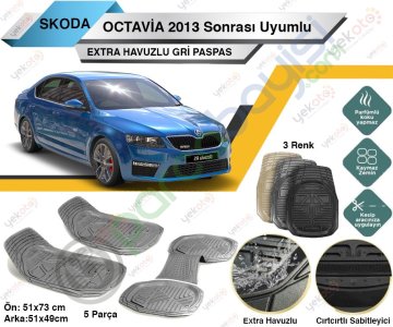 Skoda Octavia 2013 Sonrası Uyumlu Extra Havuzlu Kesilebilir Gri Paspas