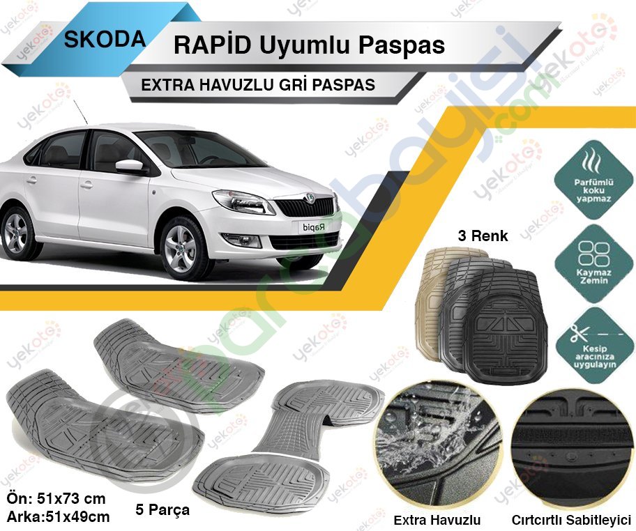 Skoda Rapid Uyumlu Extra Havuzlu Kesilebilir Gri Paspas