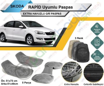 Skoda Rapid Uyumlu Extra Havuzlu Kesilebilir Gri Paspas