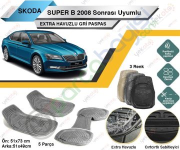 Skoda Superb 2008 Sonrası Uyumlu Extra Havuzlu Kesilebilir Gri Paspas