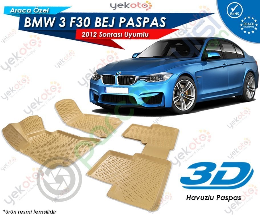 Bmw 3 F30 2012 Sonrası Uyumlu Bej Araca Özel 3D Havuzlu Paspas