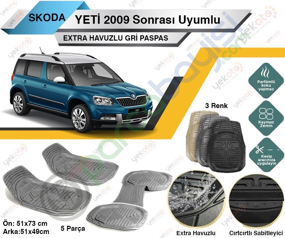 Skoda Yeti 2009 Sonrası Uyumlu Extra Havuzlu Kesilebilir Gri Paspas