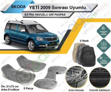 Skoda Yeti 2009 Sonrası Uyumlu Extra Havuzlu Kesilebilir Gri Paspas