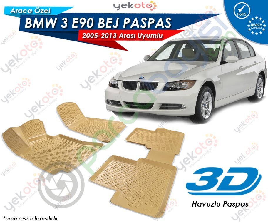 Bmw 3 E90 2005-2013 Arası Uyumlu Bej Araca Özel 3D Havuzlu Paspas
