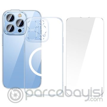 Baseus Crystal iPhone 14 Pro 6.1 Magsafe Silikon Kılıf + Tempered Ekran Koruyucu Set