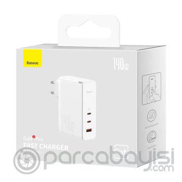 Baseus GaN5 Pro 140W Fast Charger 2 Type-C+1 USB PD Ultra Hızlı Şarj Aleti+Baseus Şarj Kablosu