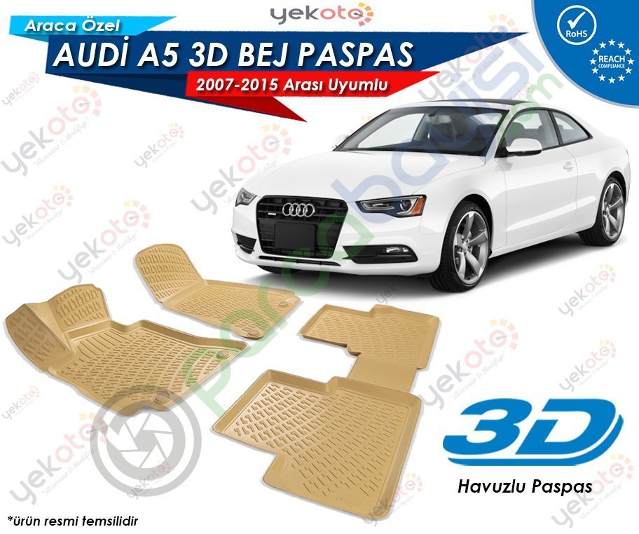 Audi A5 2007-2015 Arası Uyumlu Bej Araca Özel 3D Havuzlu Paspas