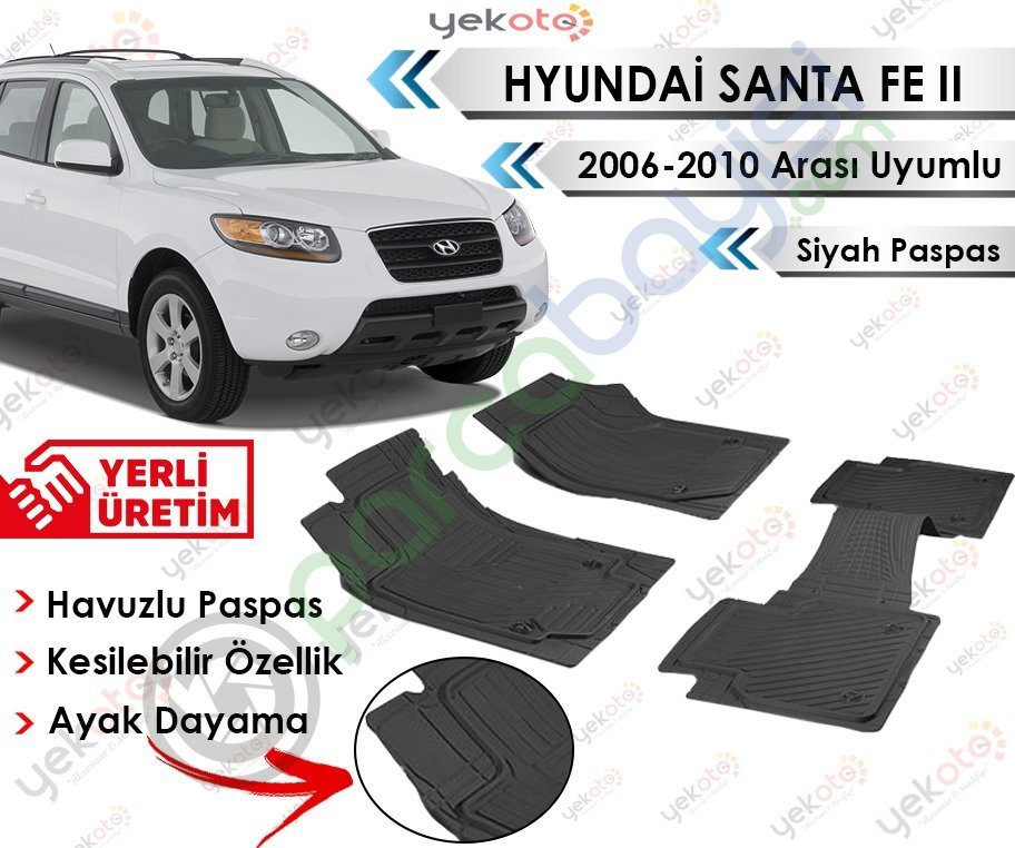 Hyundai Santa Fe 2006-2010 Arası Uyumlu Havuzlu Kesilebilir Siyah Paspas