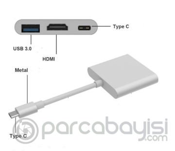 ALLY 4k Type C Hdmi Görüntü Aktarıcı 3 İn1 Şarj Usb Çıkışlı Kablo