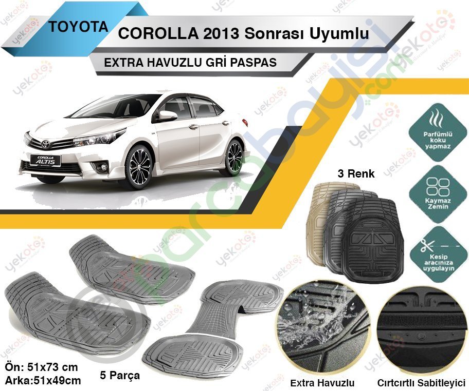 Toyota Corolla 2013 Sonrası Uyumlu Extra Havuzlu Kesilebilir Gri Paspas