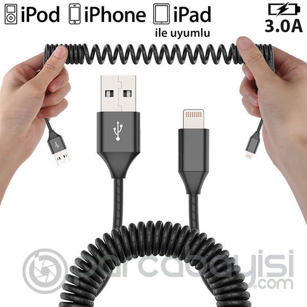Spiral İPhone11,11Pro XS,XR 7-8 3.0A Hızlı Şarj Halat Usb Kablo 1.8MM