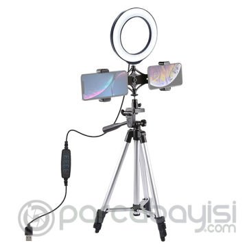 PULUZ Tripod 16cm Çift Telefon tutucu 6.2CM Led Işık Stand Youtuber,Canlı Yayın Selfie TikTok Makeup