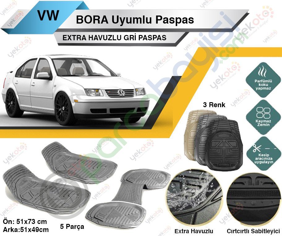 Volkswagen Bora Uyumlu Extra Havuzlu Kesilebilir Gri Paspas