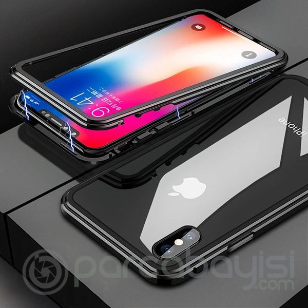 İPhone  XS Max Mıknatıslı 360 Koruma Arkası Cam Metal Frame Kılıf