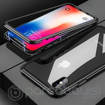 İPhone  XS Max Mıknatıslı 360 Koruma Arkası Cam Metal Frame Kılıf