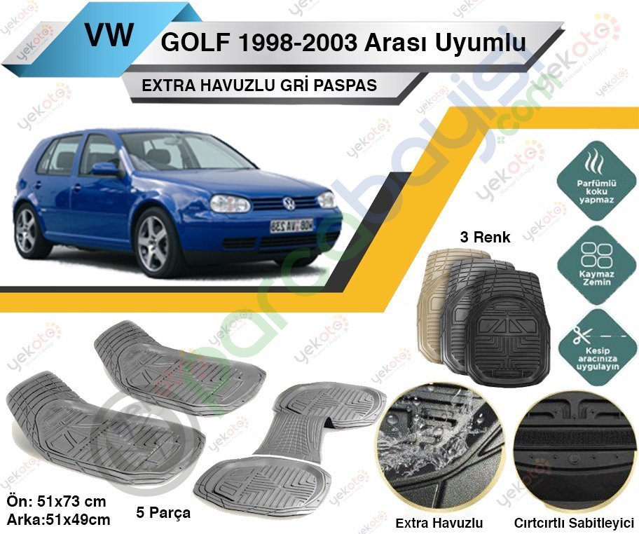 Volkswagen Golf 1998-2003 Arası Uyumlu Extra Havuzlu Kesilebilir Gri Paspas