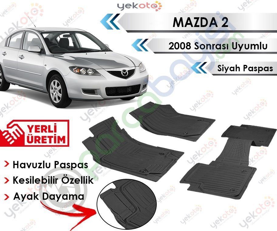 Mazda 2 2008 Sonrası Uyumlu Havuzlu Kesilebilir Siyah Paspas