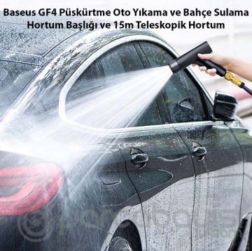 Baseus GF4 Püskürtme Oto Yıkama ve Bahçe Sulama Hortum Başlığı ve 15m Teleskopik Hortum