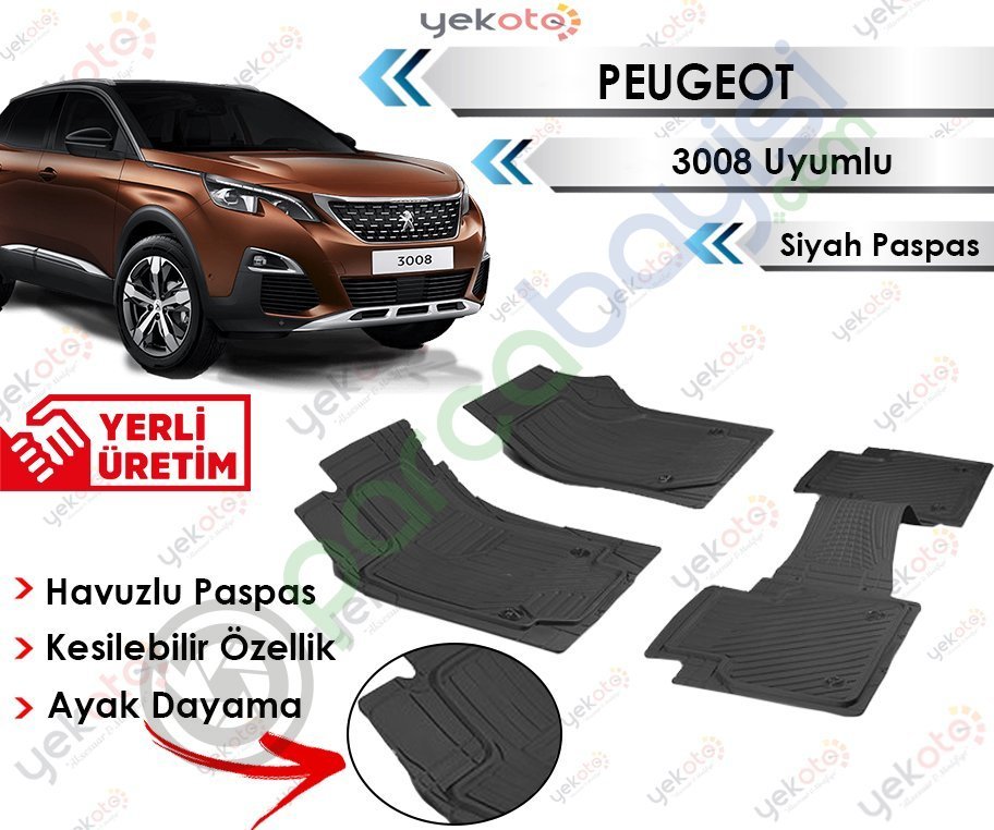 Peugeot 3008 Uyumlu Havuzlu Kesilebilir Siyah Paspas
