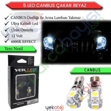 Yekled T10 Park Dipsiz Ampul 5 Led Beyaz Işık Çakar Mod Modeli Canbus Arıza Kesicili 12V 2 Adet