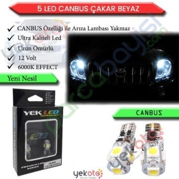Yekled T10 Park Dipsiz Ampul 5 Led Beyaz Işık Çakar Mod Modeli Canbus Arıza Kesicili 12V 2 Adet
