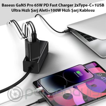 Baseus GaN5 Pro 65W PD Fast Charger 2xType-C+1USB Ultra Hızlı Şarj Aleti+100W Hızlı Şarj Kablosu