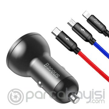 Baseus Digital Display Dual USB 4.8A 24W Hızlı Araç Şarj Cihazı+Baseus 3in1 Şarj Kablosu 3.5A 1.2m