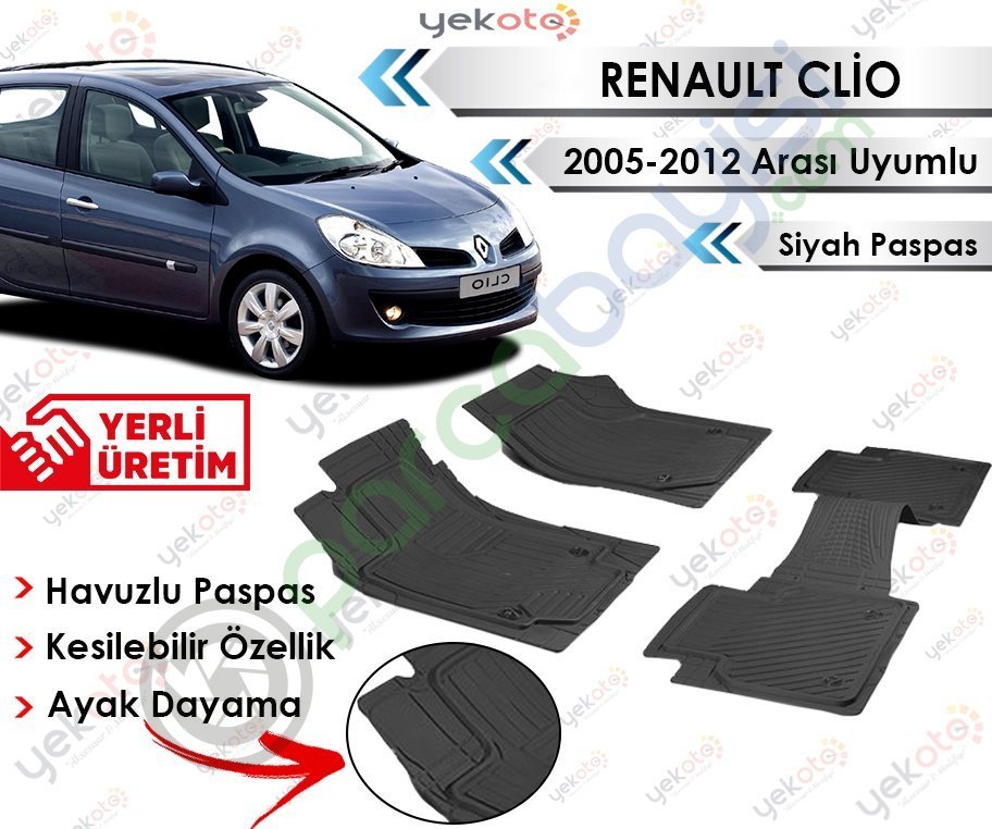 Renault Clio 2005-2012 Arası Uyumlu Havuzlu Kesilebilir Siyah Paspas