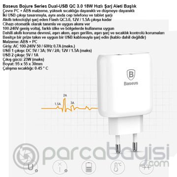 Baseus Bojure Series Dual-USB QC 3.0 18W Hızlı Şarj Aleti Başlık