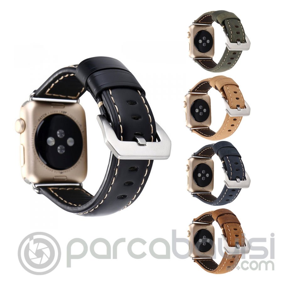 Ally Apple Watch 7-8 45mm 6-5-4 44mm Retro Koyu Deri Kordon Kayış 3-2-1 42mm