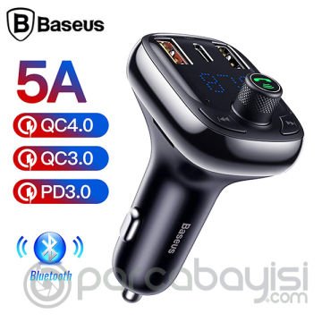 Baseus T typed S-13 Bluetooth FM Transmitter 36W QC 4.0 Dual USB & Type-C Araç Şarj Cihazı