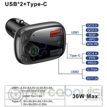 Baseus T typed S-13 Bluetooth FM Transmitter 36W QC 4.0 Dual USB & Type-C Araç Şarj Cihazı