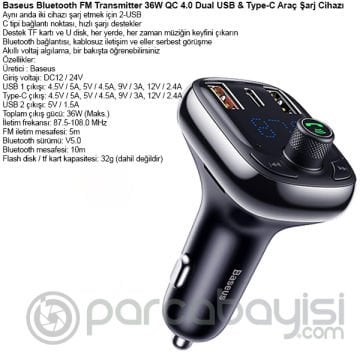Baseus T typed S-13 Bluetooth FM Transmitter 36W QC 4.0 Dual USB & Type-C Araç Şarj Cihazı
