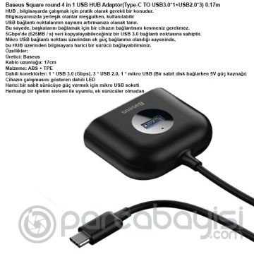 Baseus Square round 4 in1 USB HUB Adaptör(Type-C TO USB3.0*1+USB2.0*3) 0.17m