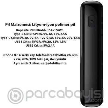 Baseus Qpow Pro Dijital Göstergeli 20000mAh 20W Hızlı Şarj Powerbank iPhone Lightning Kablolu